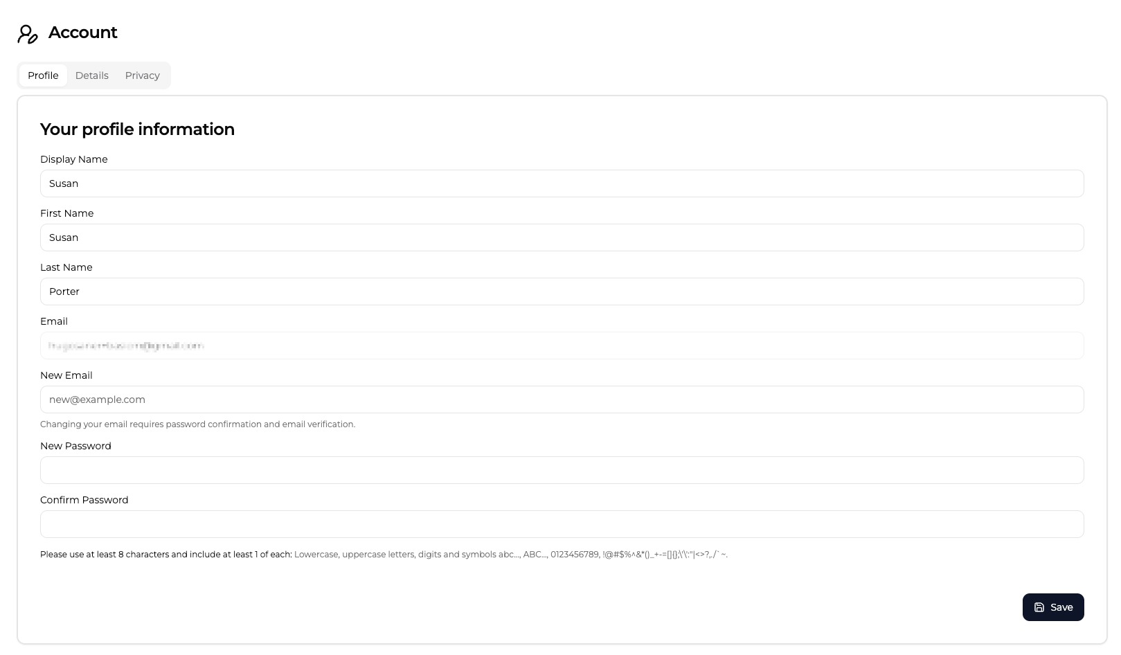 The profile page showing the user's display name, email, and personal details.