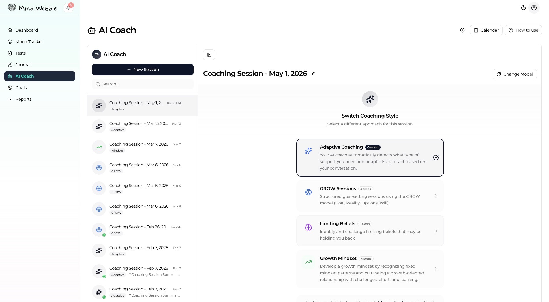 Show the Mind Wobble AI Coach screen with conversation list, coaching type choices, chat area, and a contextual coaching starter visible.