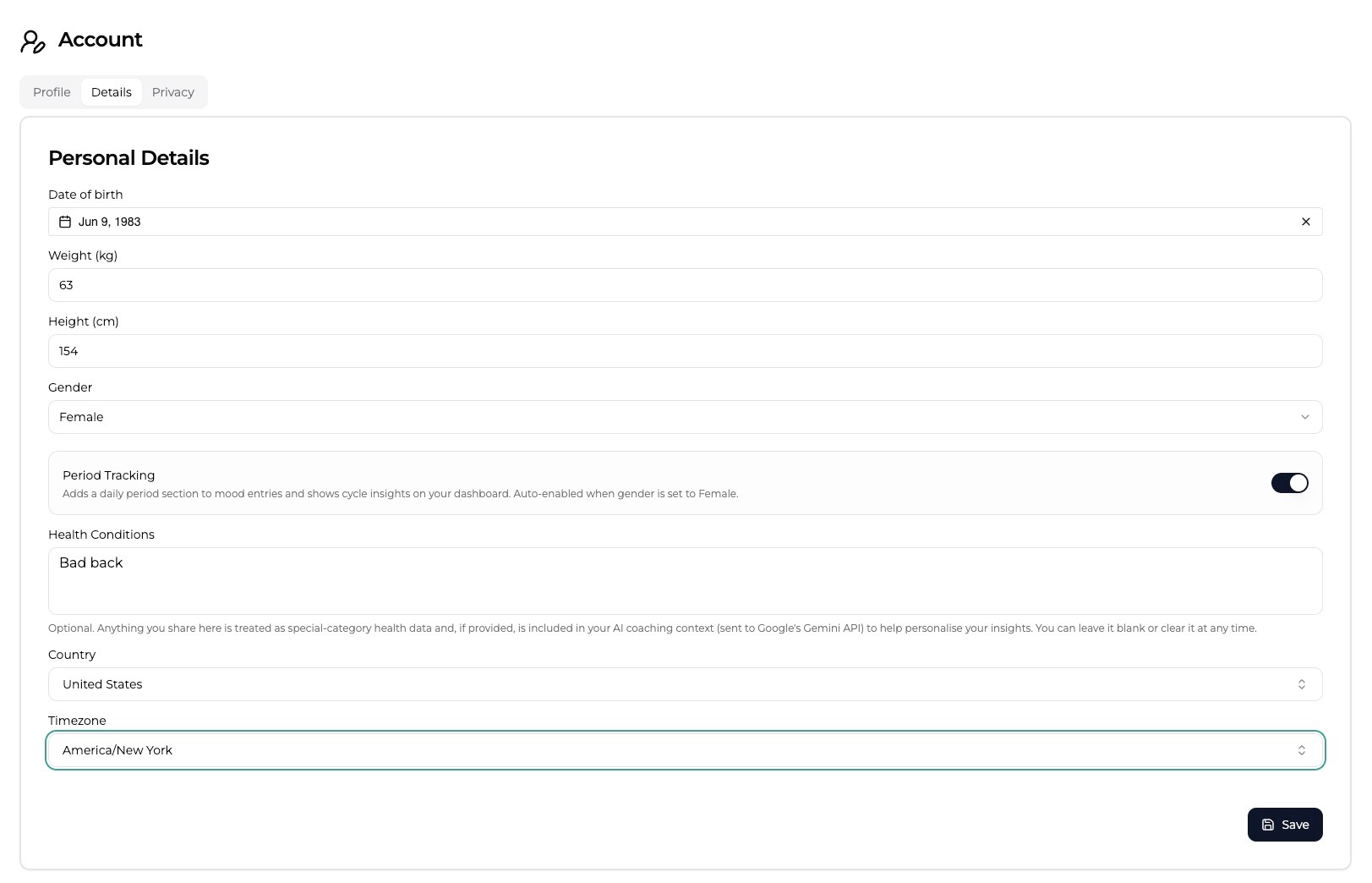 The account details page showing the user's details section