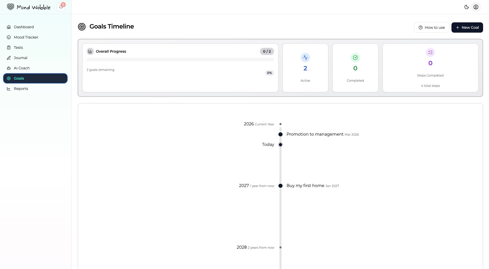 Show the Mind Wobble new goal screen with goal title, description, category, start date, target date, priority, and goal steps visible.