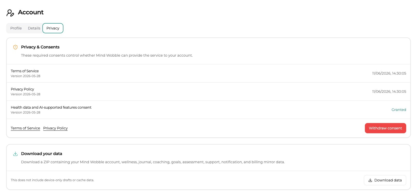 The user can check the terms of service and privacy policy and also download their own data
