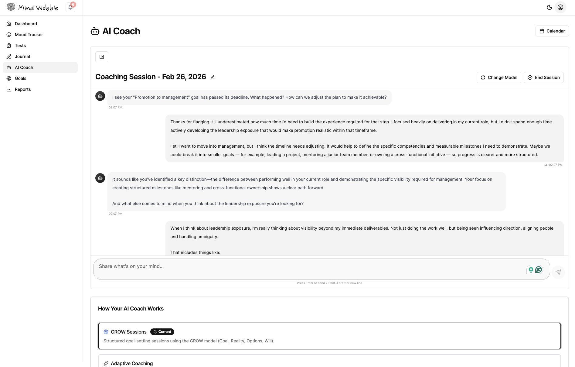 Mind Wobble AI Coach session discussing goals and progress