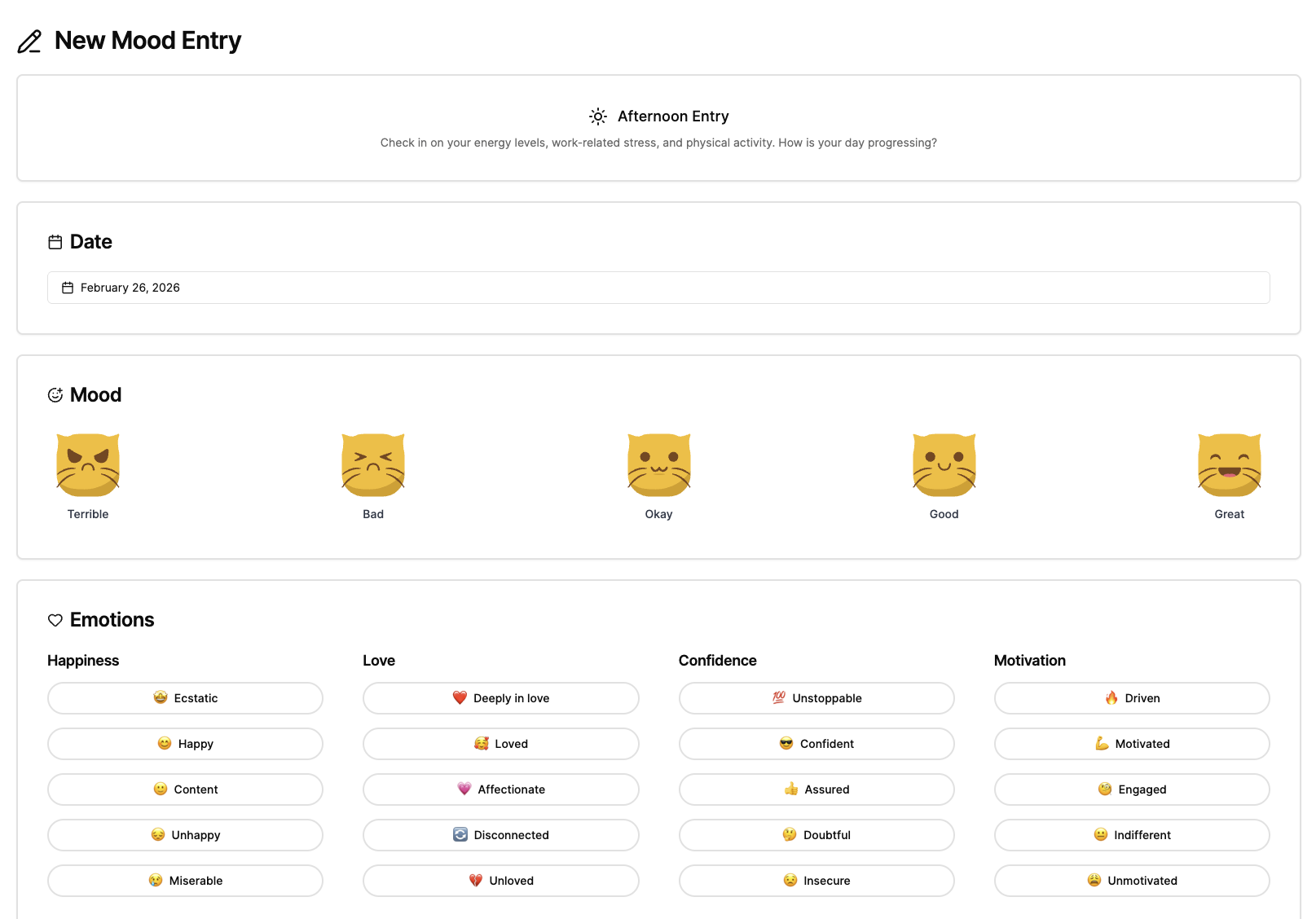 Mind Wobble mood check-in screen showing mood selection and emotion categories
