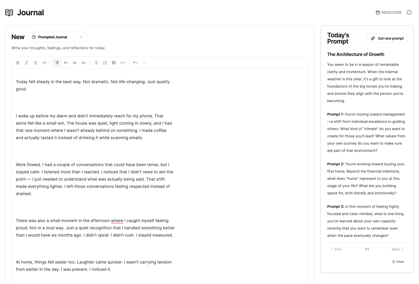 Mind Wobble journal editor showing a prompted journal entry with AI-generated prompts